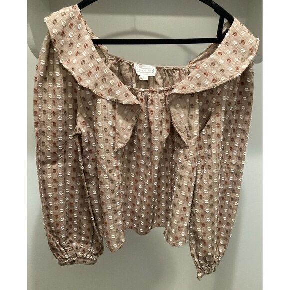 Loveriche Women Brown Polka Dot Blouse Long Sleeve with Ruffles Size Large - Picture 1 of 11